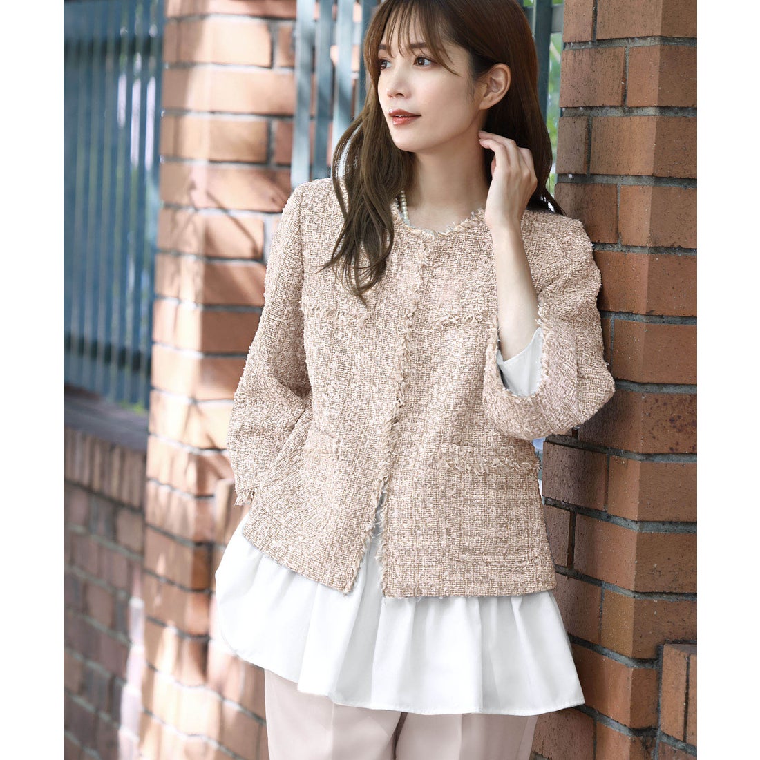 フロリア Flolia 【3点セット】ツイードノーカラージャケット ペプラム