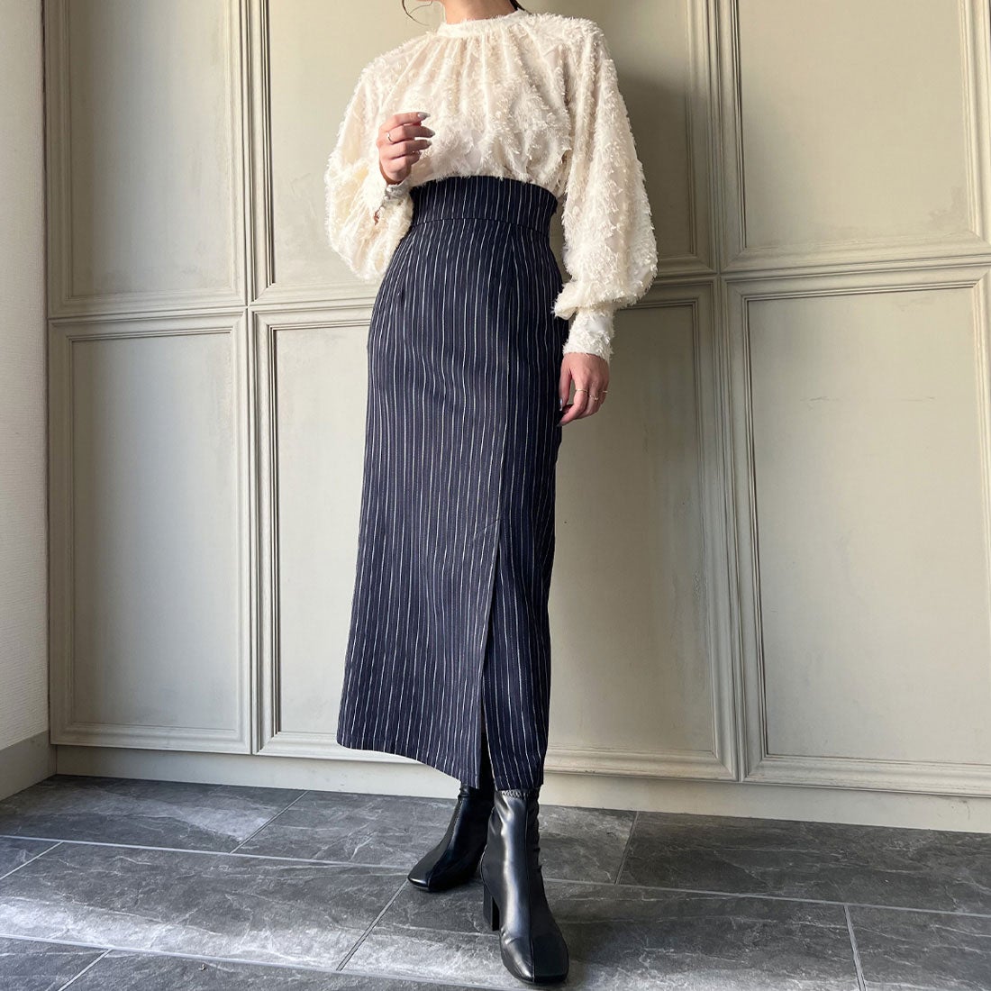 ジュノア JUNOAH ハイウエストピンストライプタイトスカート