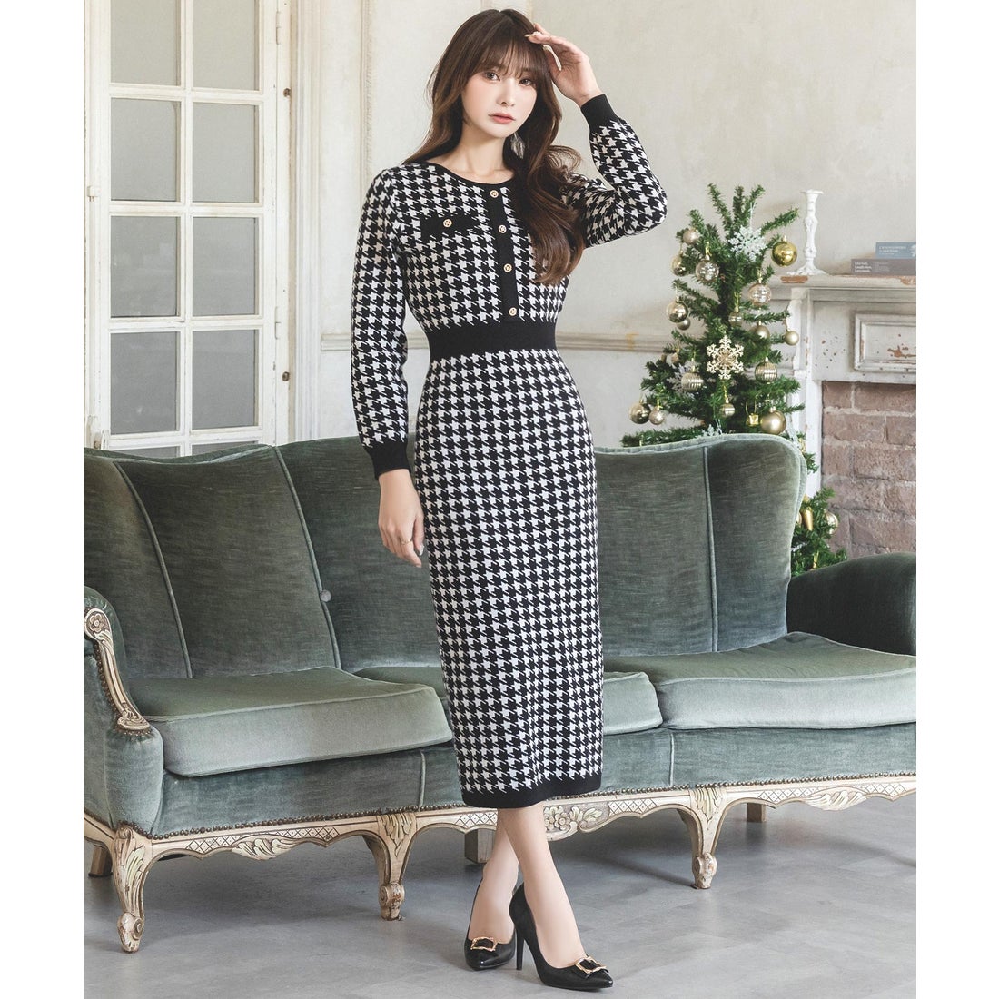 ジュリアブティック JULIA BOUTIQUE ロング丈・千鳥格子柄タイトニット