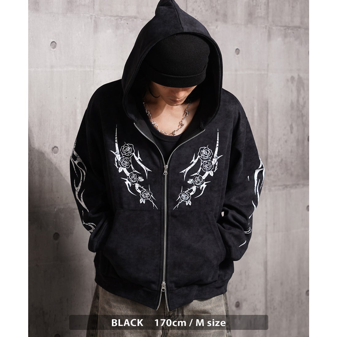 ワンフォークロージング 1111clothing トライバル×薔薇 Wジップ