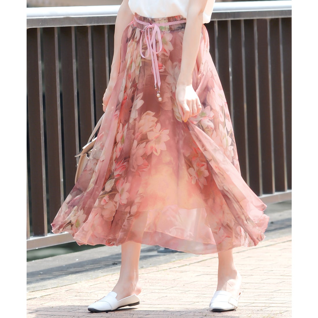 Primazel 花柄シフォンマキシ丈フレアスカート 3.ピンク -ファッション