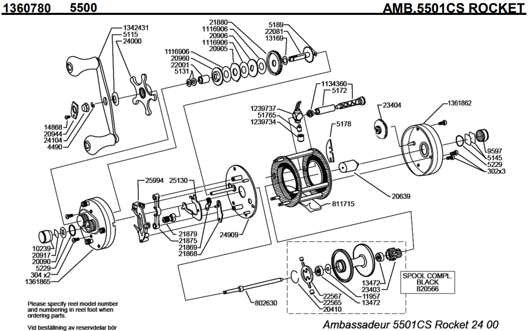 1360780 AMB.5501CS ROCKET | PureFishing Japan 製品リールパーツリスト