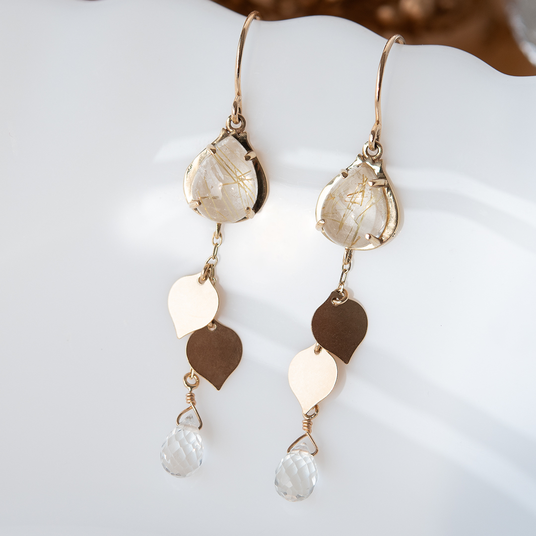 フックピアス K10イエローゴールド ルチルクォーツ ホワイトトパーズ