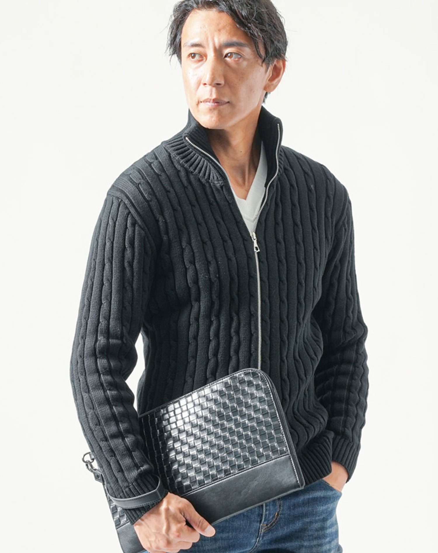 ケーブル編み込みジップアップスタンドニットアウター ニット ニット