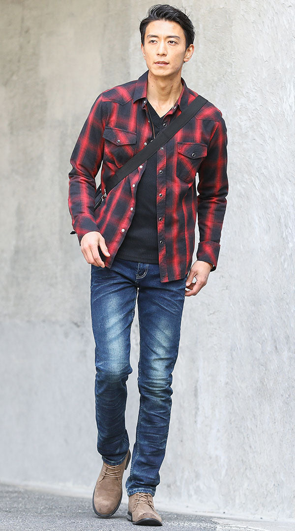 赤チェックシャツ 黒Tシャツ ダークブルーデニムパンツ snp_eq0492の