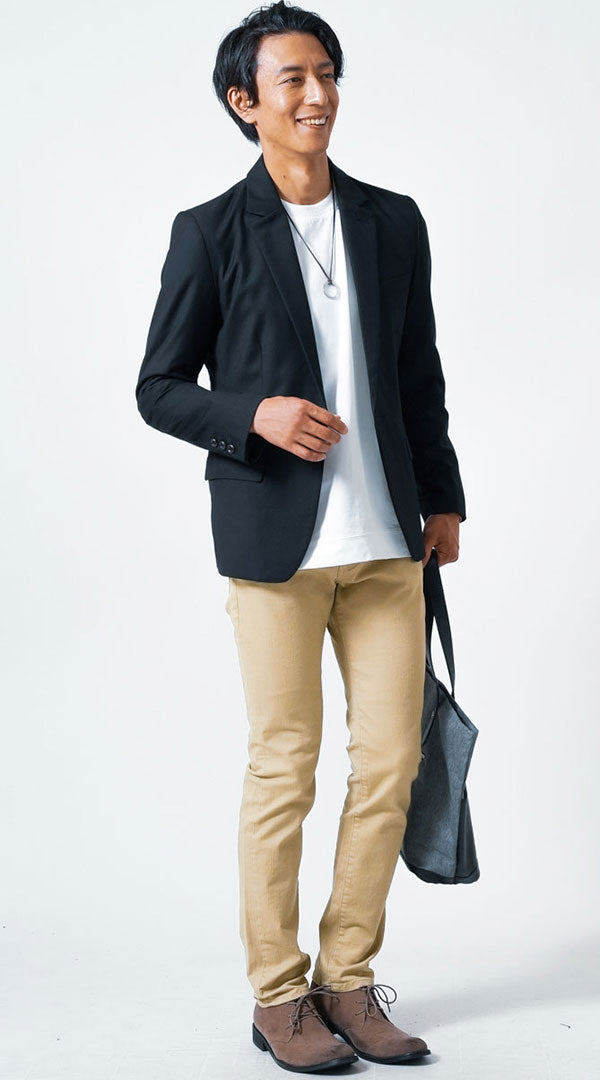 黒ジャケット コーデ メンズ 40代 50代 30代 春 秋 カジュアル 白T