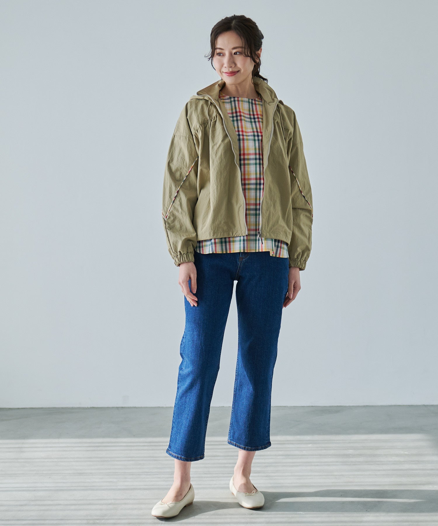 パーマーチェック パイピングギャザー ジャケット（ナイロンジャケット