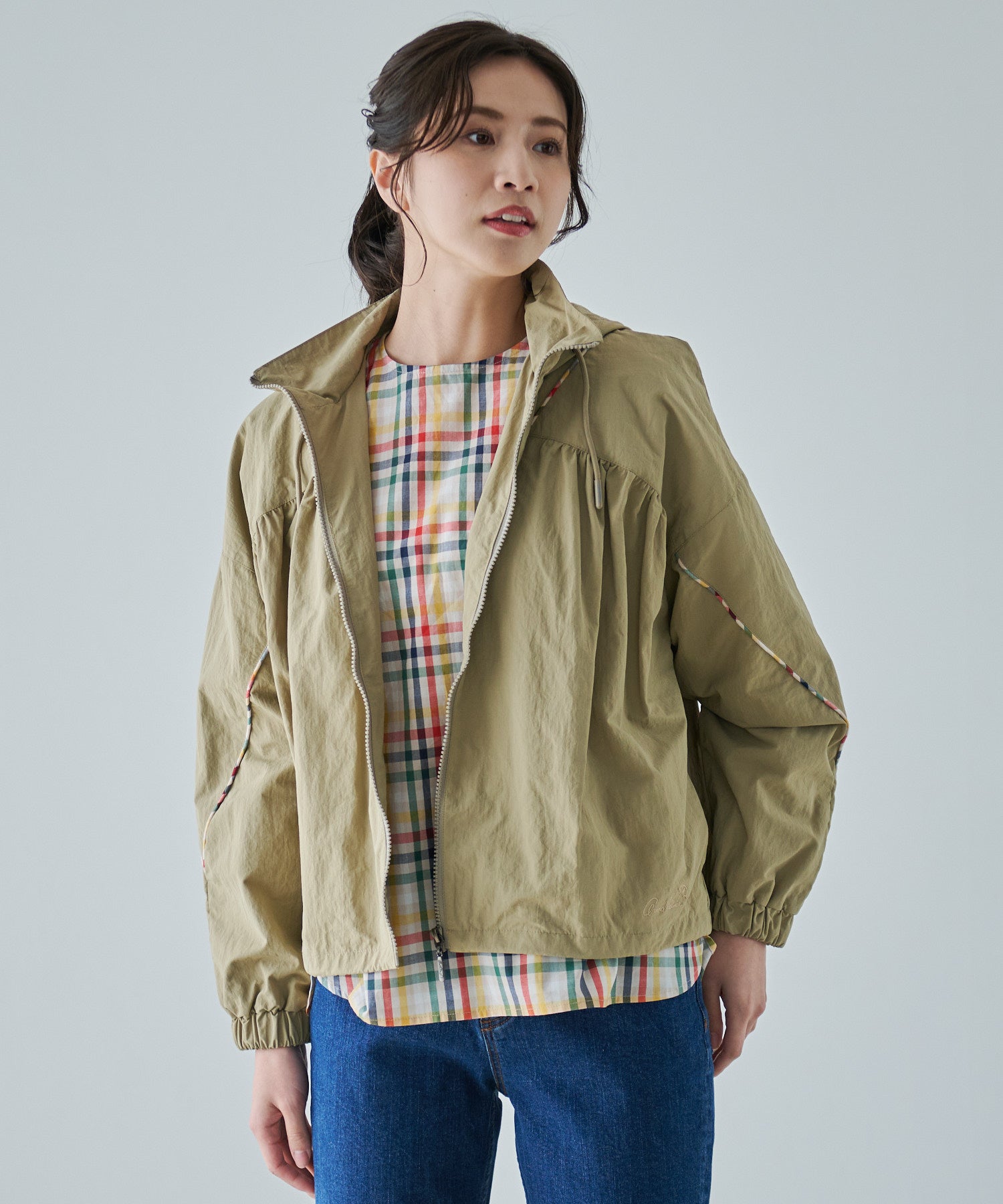 パーマーチェック パイピングギャザー ジャケット（ナイロンジャケット