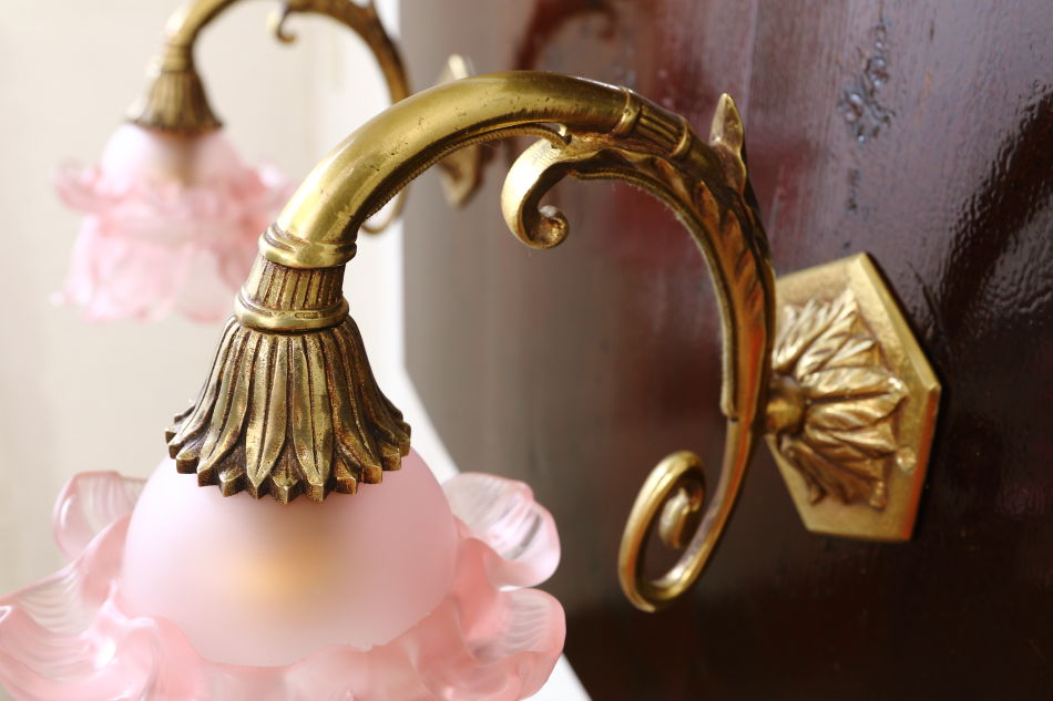 ルイ16世Louis XVIスタイル ピンクローズシェード ウォールランプ/ペア