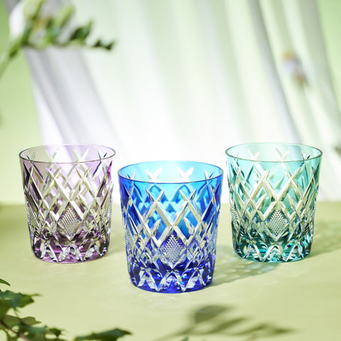 江戸切子 伝統工芸士 木村泰典 作 矢来魚子紋 オールドグラス グリーン