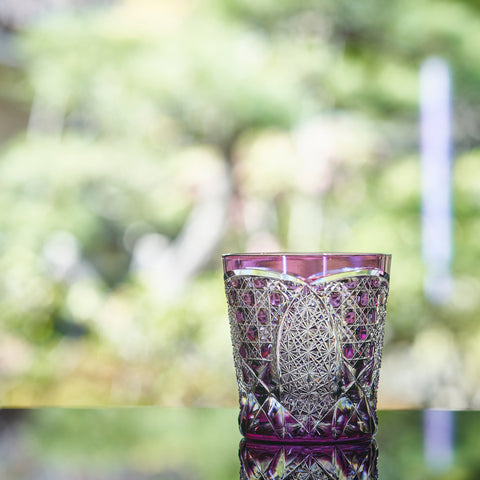 江戸切子 伝統工芸士 木村泰典 作 菊繋ぎに籠目紋 オールドグラス 紫