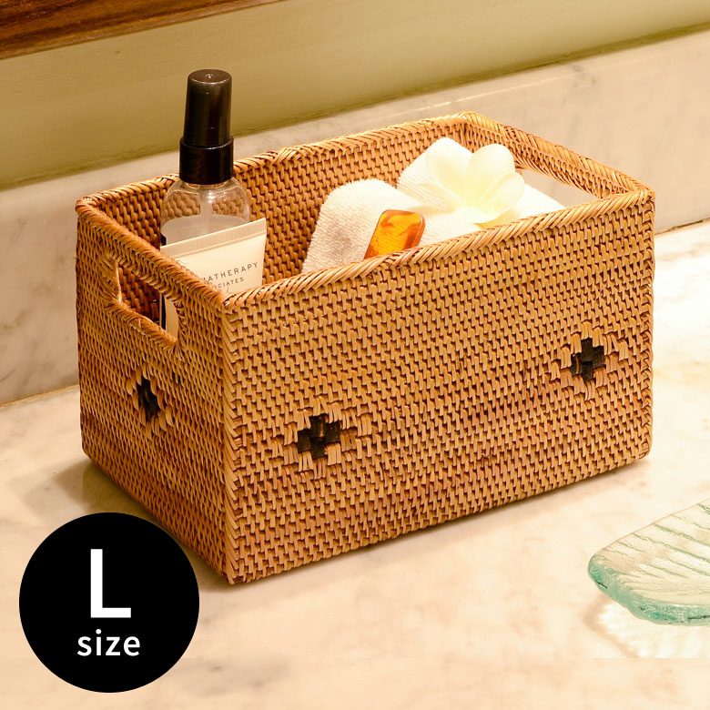 楽天市場】アタで編まれた大きなフタ付きボックス型バスケット Lタイプ