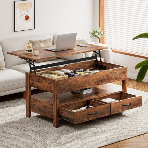 楽天市場】IKIFLYローテーブル昇降式木製コーヒーテーブル引き出し付き