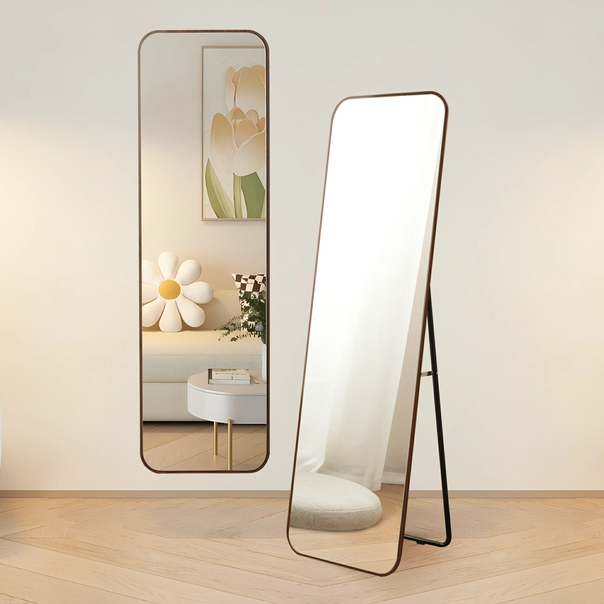 楽天市場】全身鏡 丸角フレーム 姿見鏡 北欧 木目調 スタンドミラー