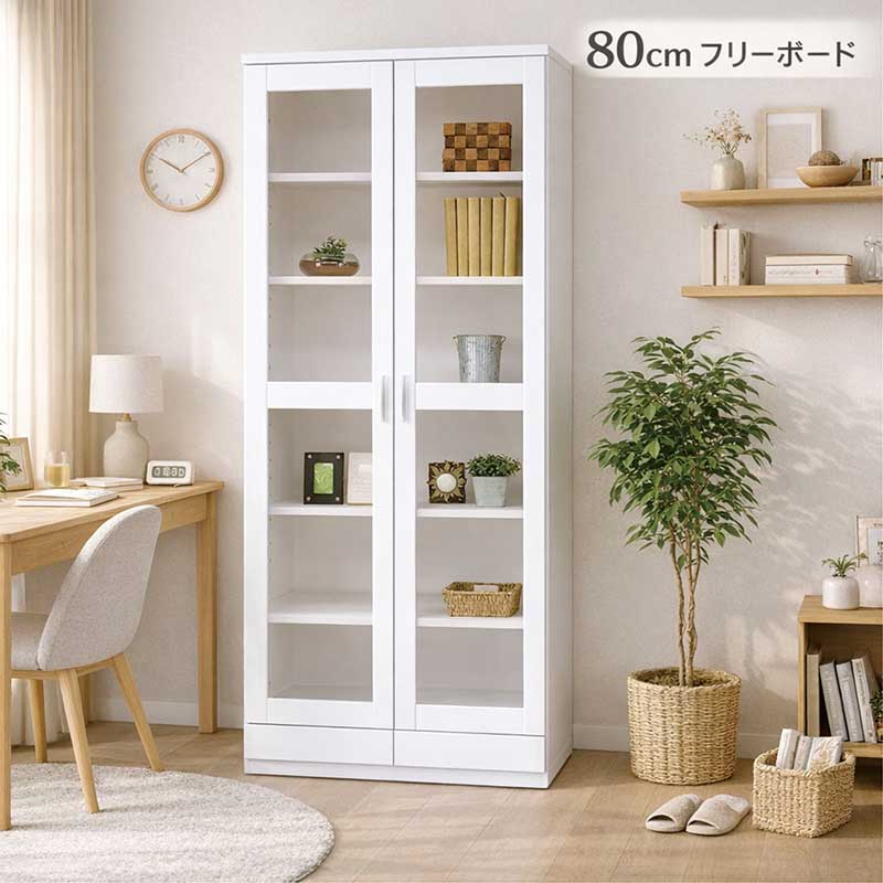 楽天市場】書棚 ガラス扉 扉付き 幅90cm 高さ120cm 白 光沢 本棚 大
