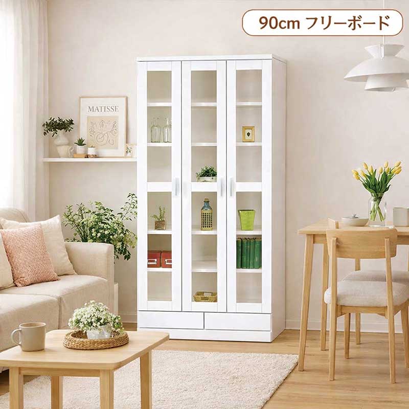 楽天市場】書棚 ガラス扉 扉付き 幅90cm 高さ120cm 白 光沢 本棚 大