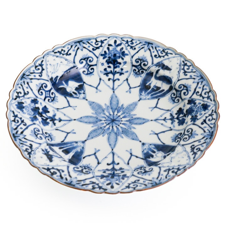 九谷焼八角形の青花模様皿 牡丹唐草盛り皿約27cm 山本長左作 期間限定