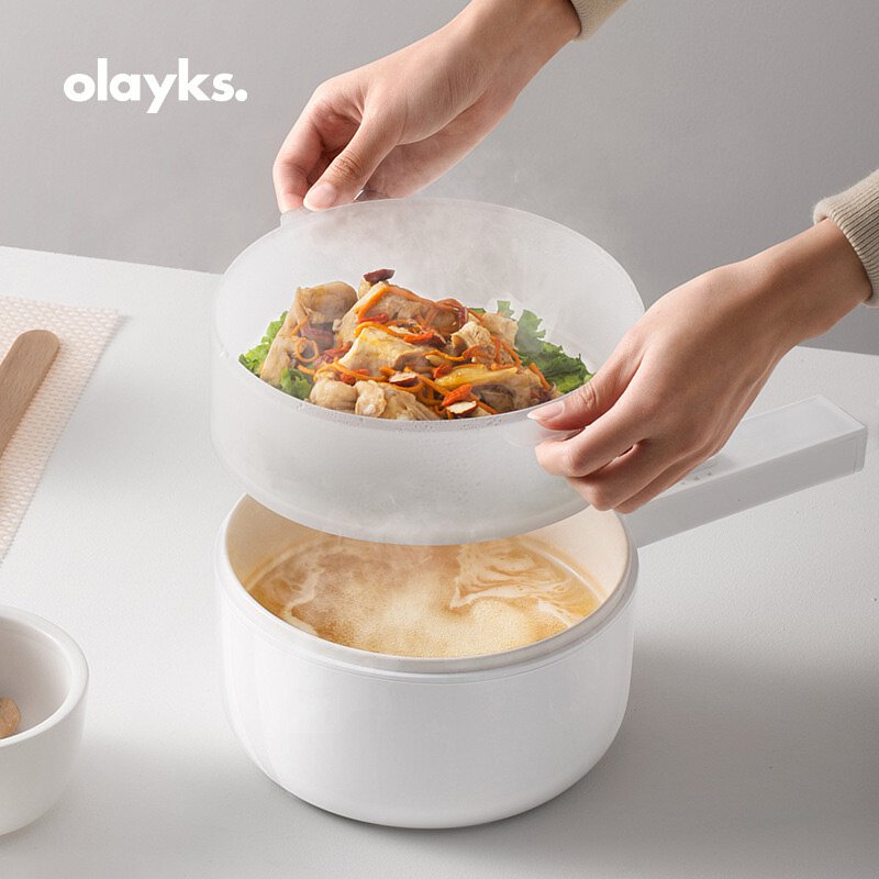 olayks 迷你家用多功能煮食電熱鍋1.5L **帶蒸籠(白色) 【電煮鍋炒菜