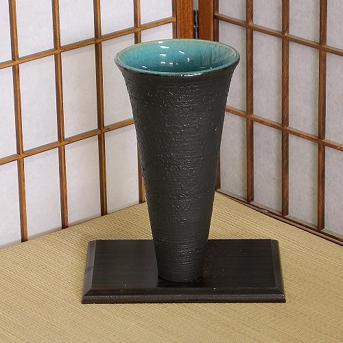 1点物 花器 黒 マット 青 ガラス 掛分 細 生花 立花 池坊 生け花 数量