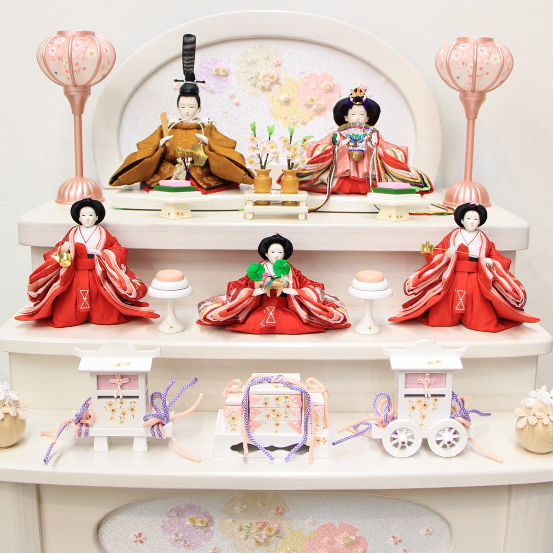 雛人形 おしゃれ 京十二番親王 柳三寸官女 三段飾りなな引出収納屏風玉