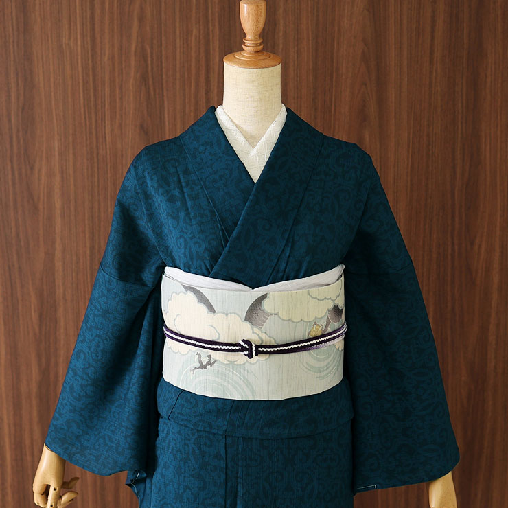 夏きもの] 洗える 着物 単衣 東レセオα ダマスク (マリンブルー) JM-01