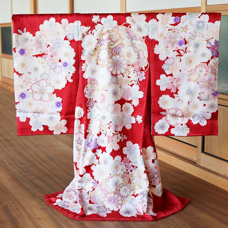 正絹] お宮参り 女の子 初着 産着 花尽くし鞠と檜扇 赤色 レッド 花柄