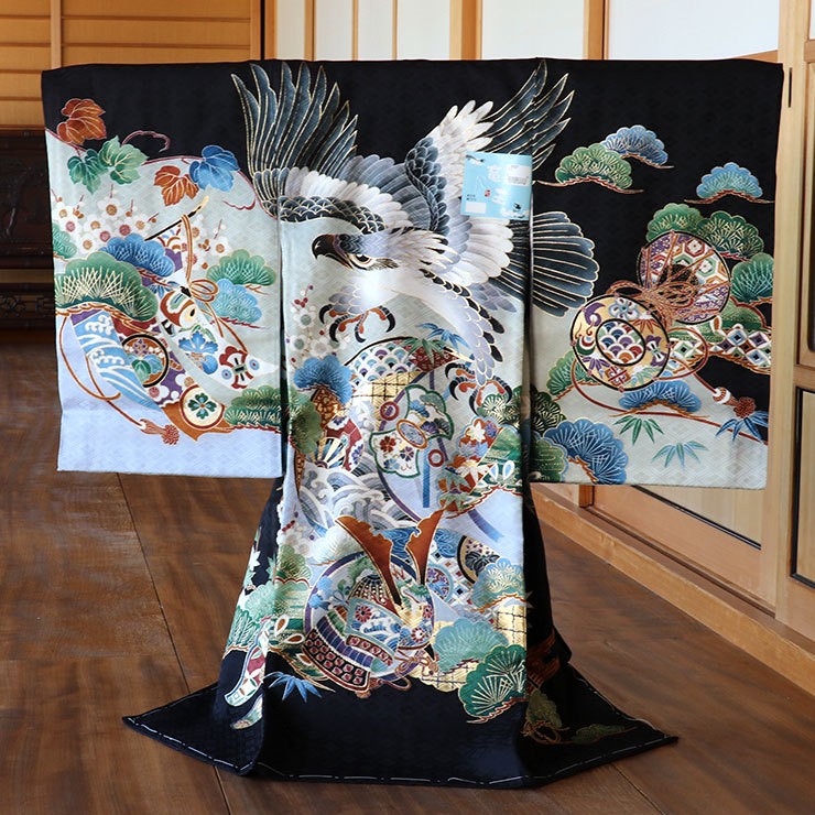 青色 鷹と松の刺繍 着物 青色 鷹と松の刺繍 着物 青色 鷹と松の刺繍 着物