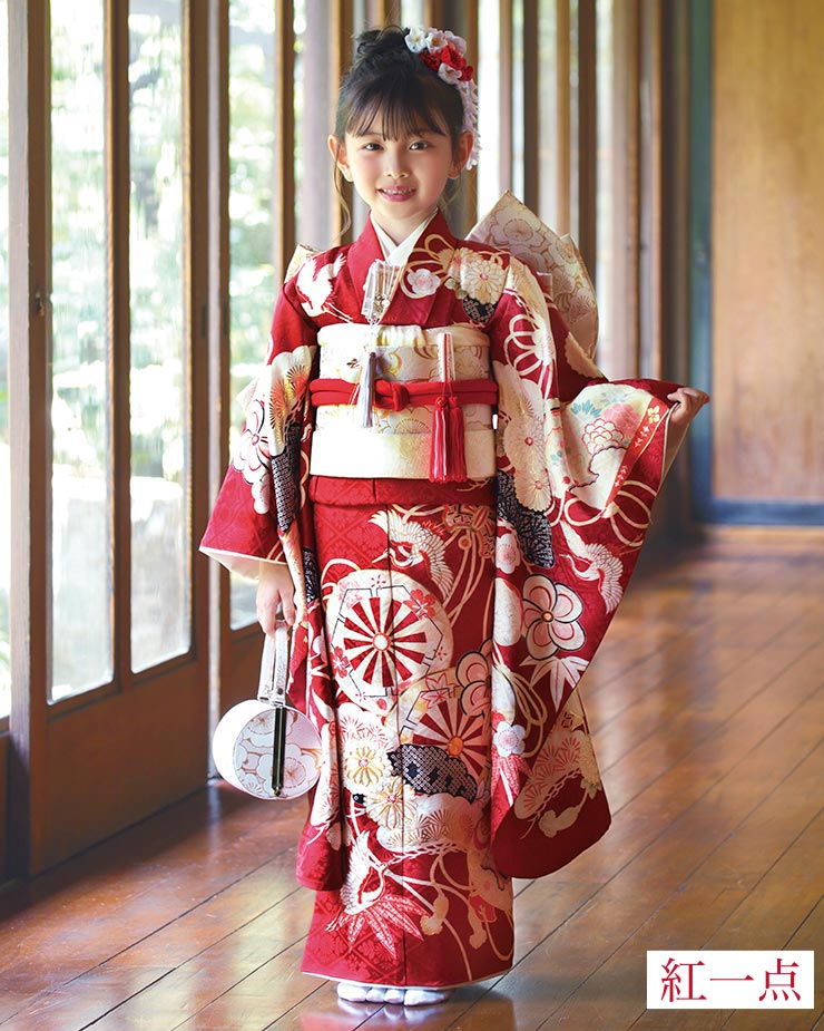 正絹 七五三 7歳 着物セット 女の子 御所車に檜扇 赤 SP34 753 販売