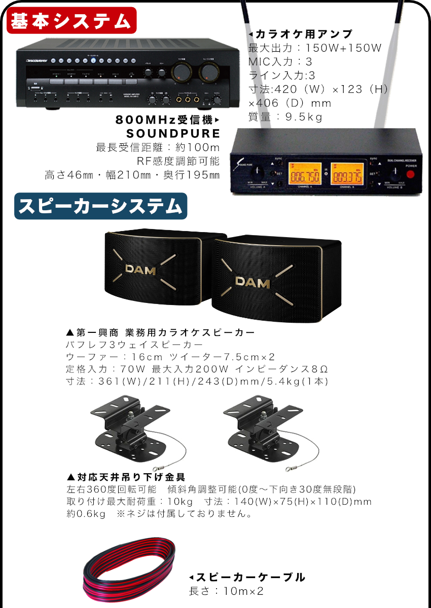 DAMカラオケスピーカーセット ワイヤレスマイク2本付き 自宅カラオケに