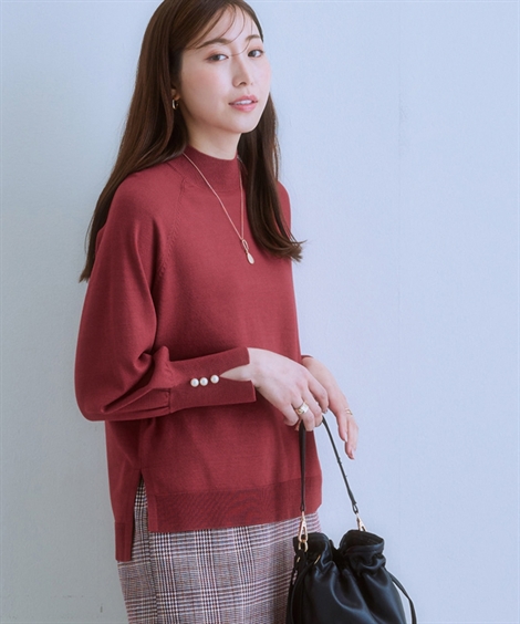 レディース トップス 洗える 袖スリット パール調ボタン モックネック