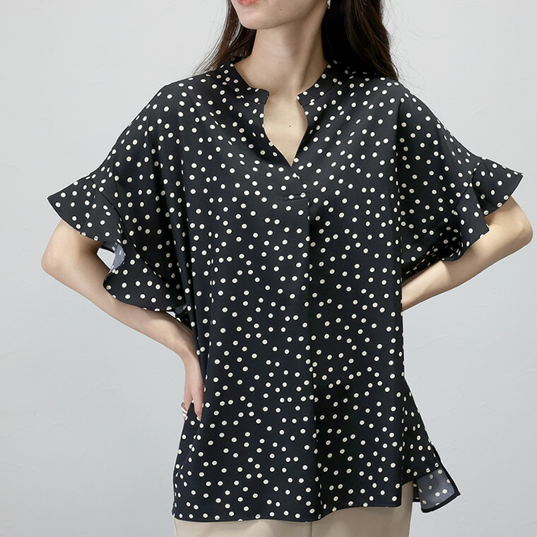 Aletta vita ブラウス ドット Vネック フリル 袖 ドレープ フェミニン