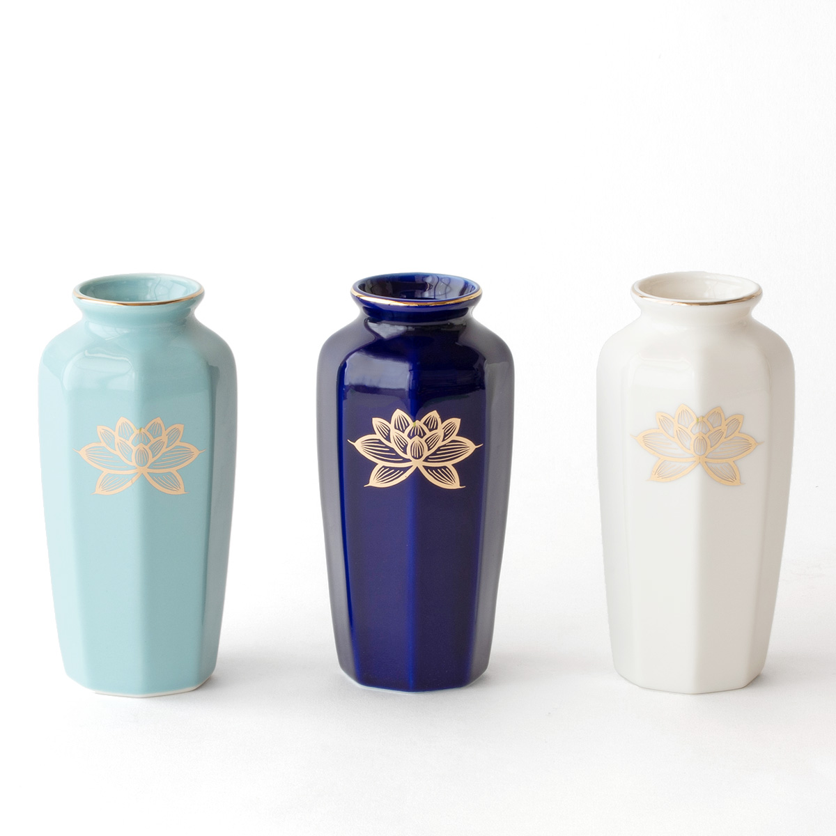 仏間花瓶 八角 選べる3色 金蓮 5号 陶磁器 金付 15センチ モダン 花器