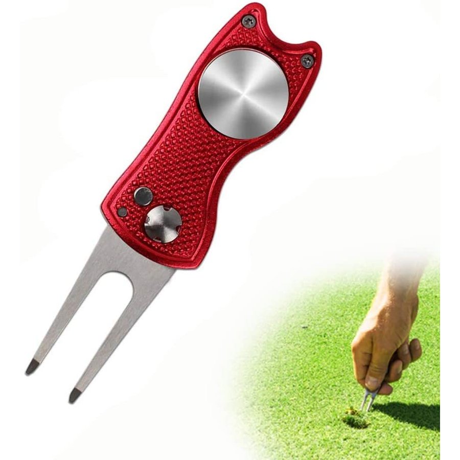 ゴルフフォーク 折りたたみ式 リペアツール マーカー付 2本刃 ボール
