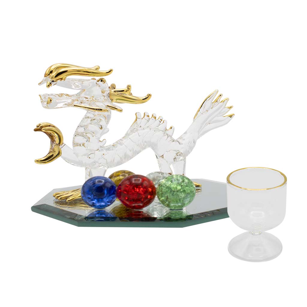 龍の置物 開運五色龍 ガラス細工 風水 縁起物 水盃 小さめ 金彩色