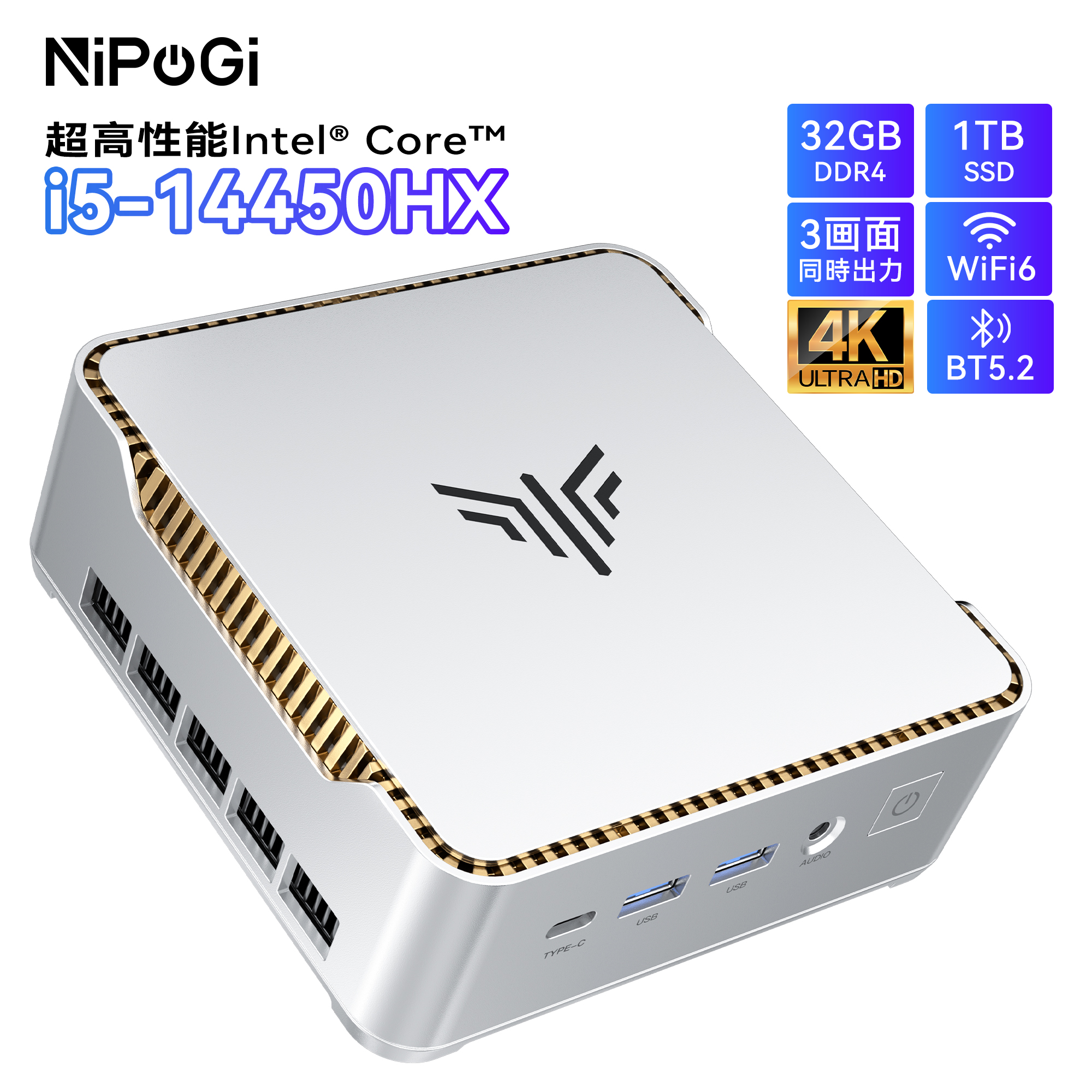 NIPOGI ミニPC インテル Core i5-14450HX搭載 32GB DDR4 1TB M.2 2280