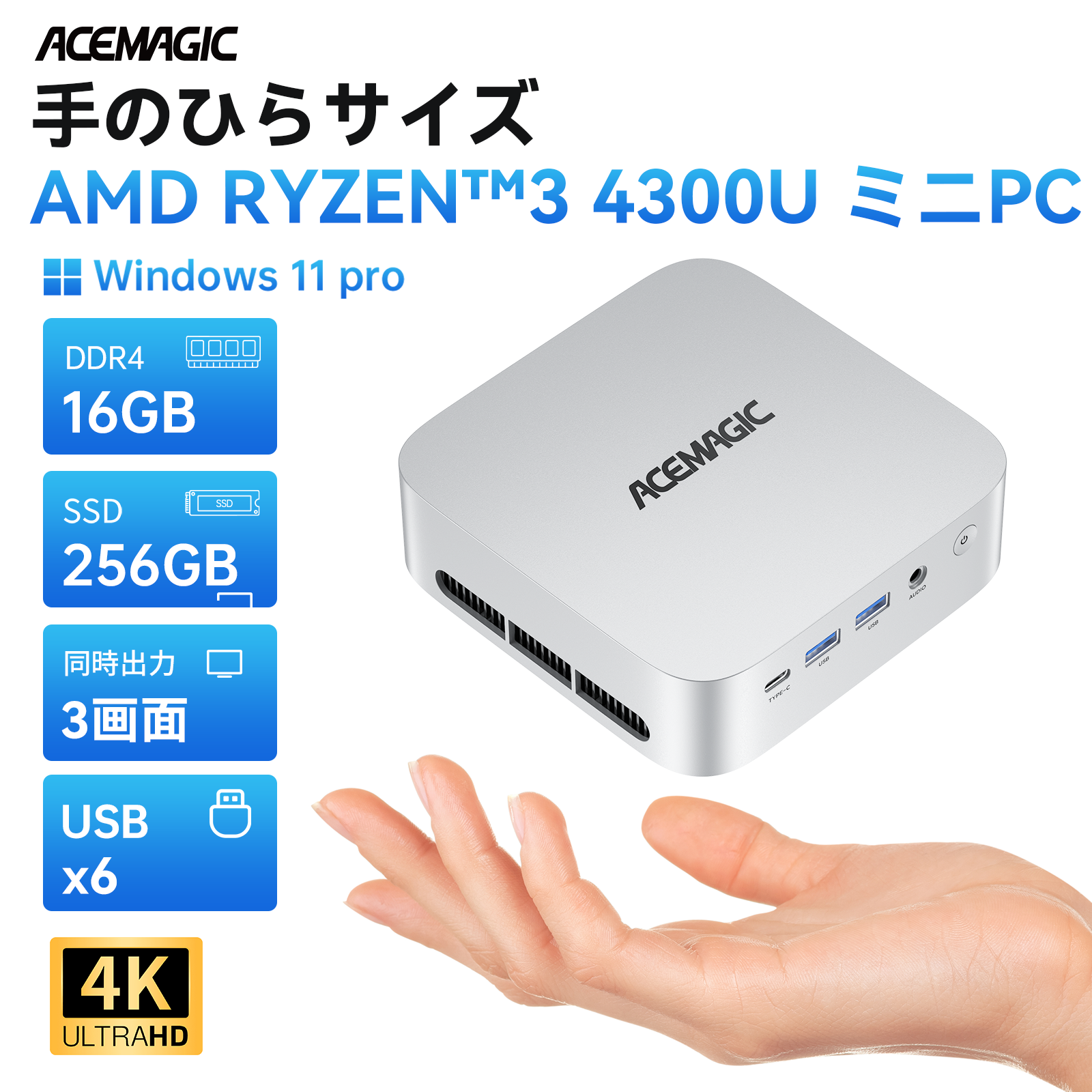 ACEMAGIC AMD Ryzen 4300U ミニpc 3.7GHz メモリ 16GB DDR4 512GB SSD