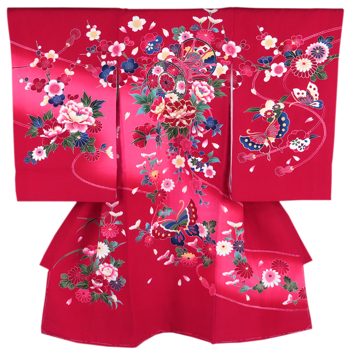 宮参り着物 -22- 熨斗目 女の子用 絹100% 金彩 真紅 鼓/花柄 : あおい