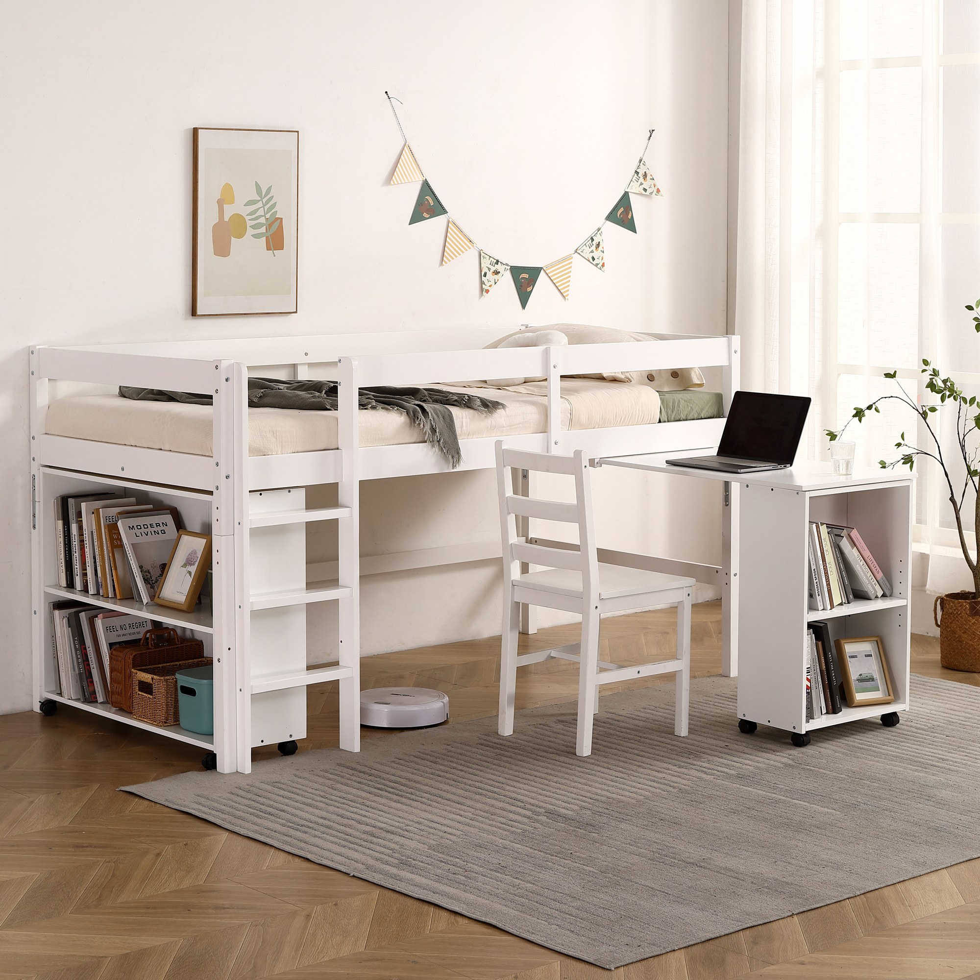 BTM システムベッド ロフトベッド シングル 収納 本棚 学習デスク付き