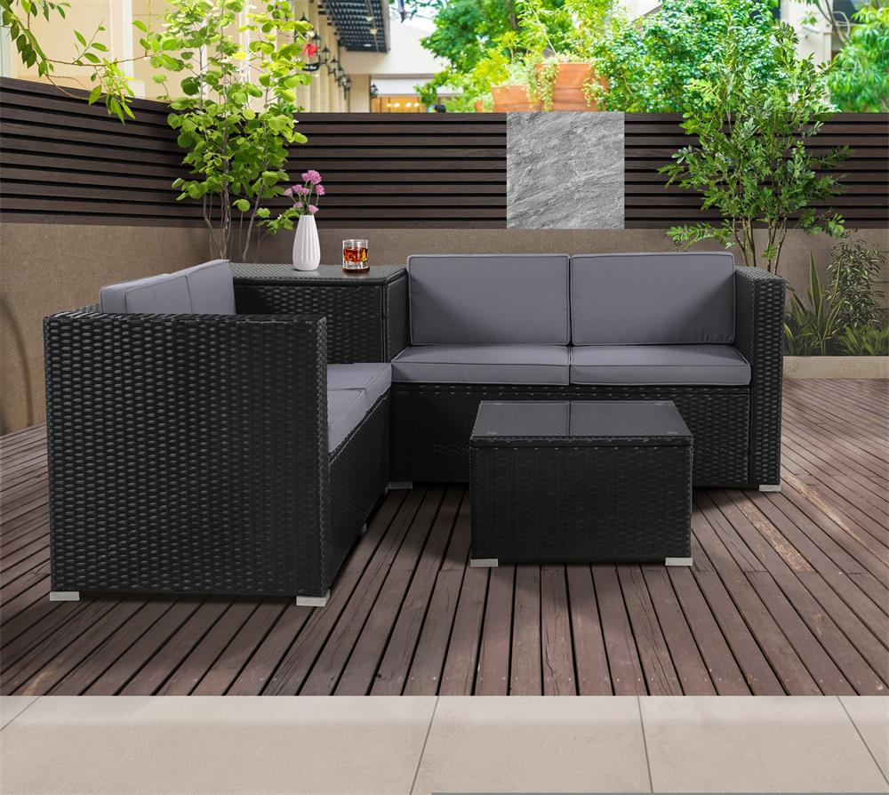 ガーデンファニチャー 4点 収納付き ガーデン クッション付き ラタン調