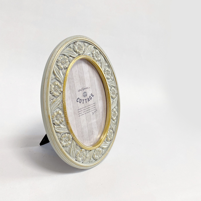 アンティーク フォトフレーム オーバル リース グレー 壁掛け 写真立て