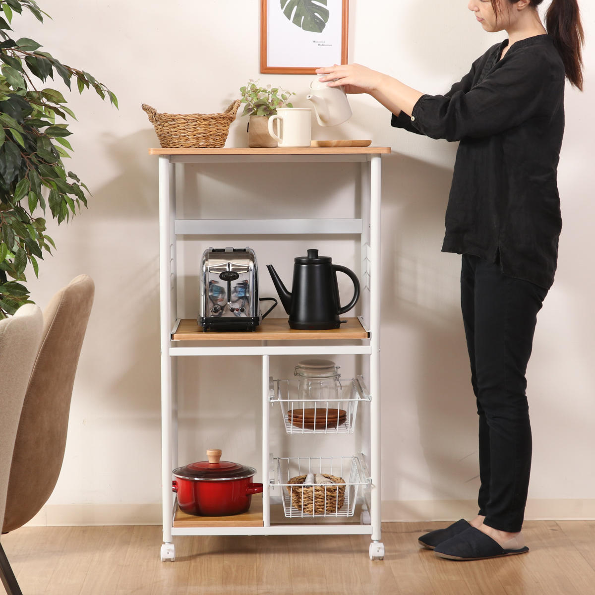 不二貿易（Fuji Boeki） レンジ台 幅60cm スチールフレーム スライド棚