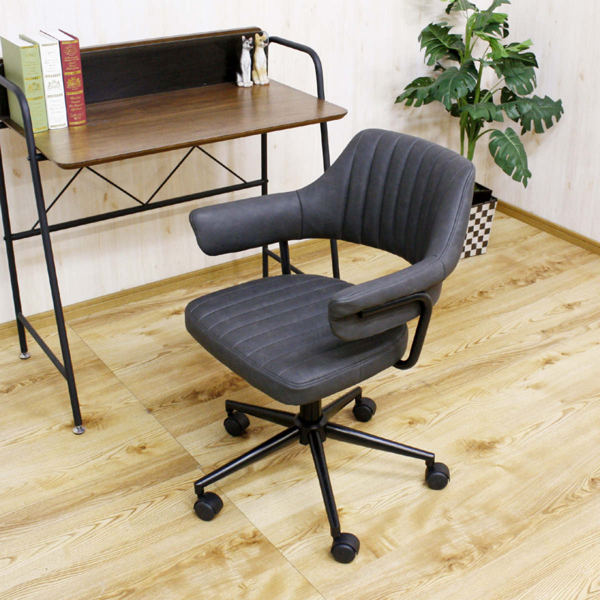 デスクチェア 高さ調節 座面高45〜55cm レザー調 キャスター 肘掛け