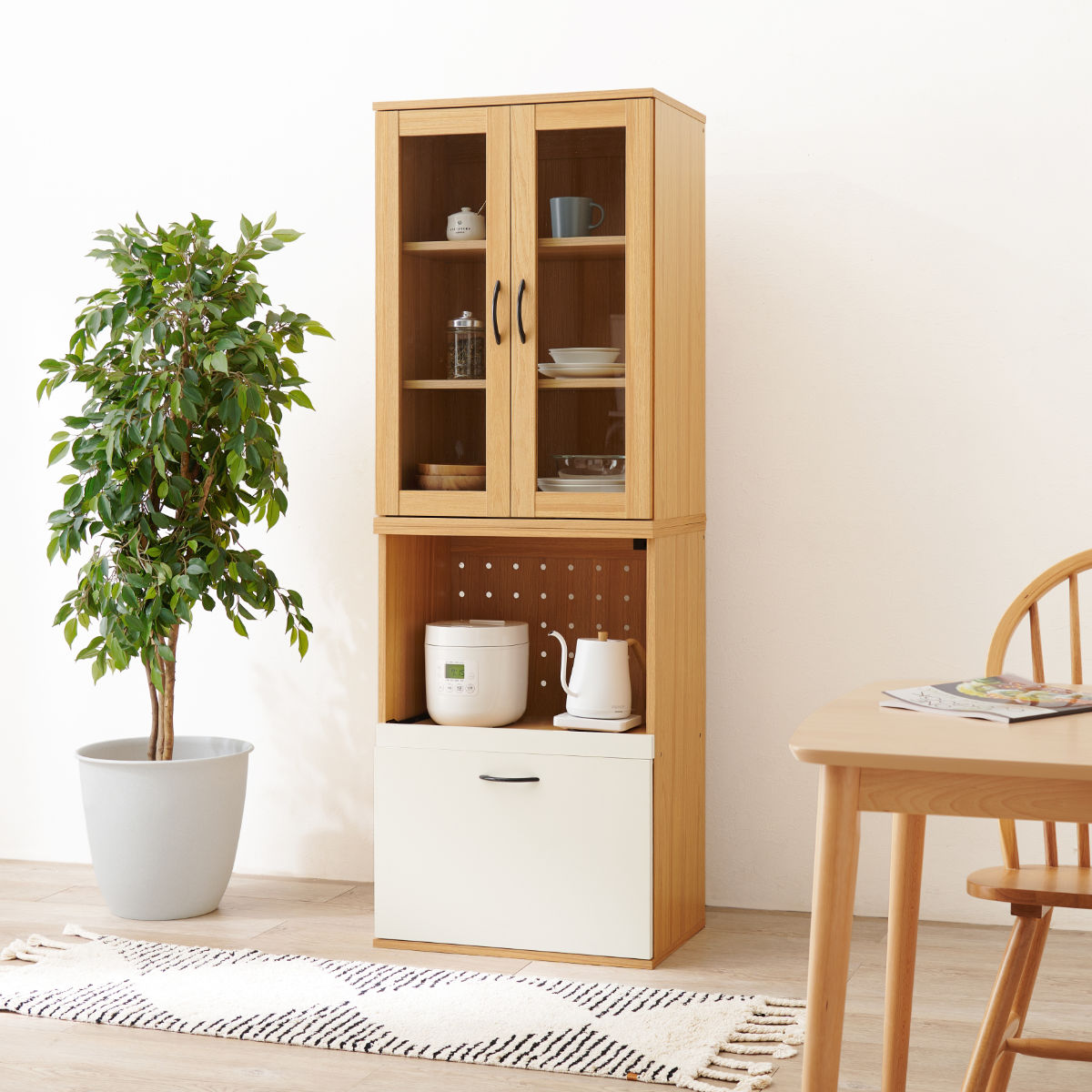 HAGiHARA（萩原） 並べて使える 食器棚 幅60cm 2口コンセント スライド