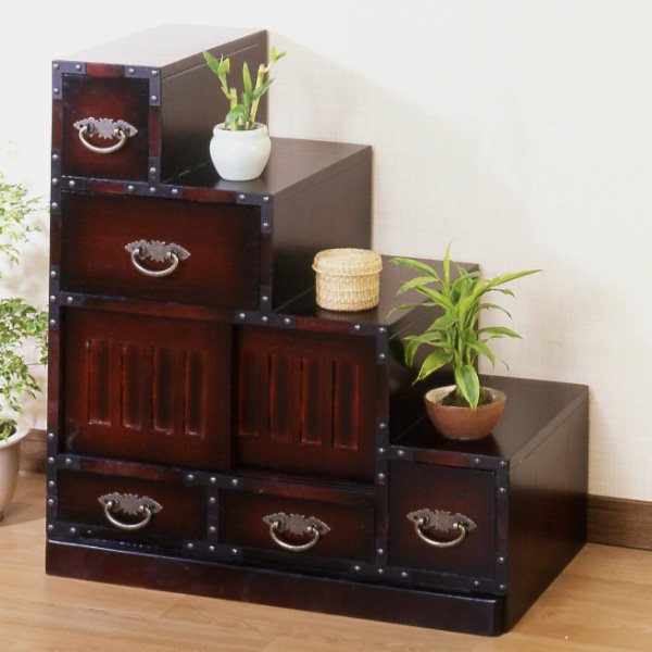 ミヤグチ企販 チェスト 民芸調 階段風 右下がり 古美調引手 引き戸付