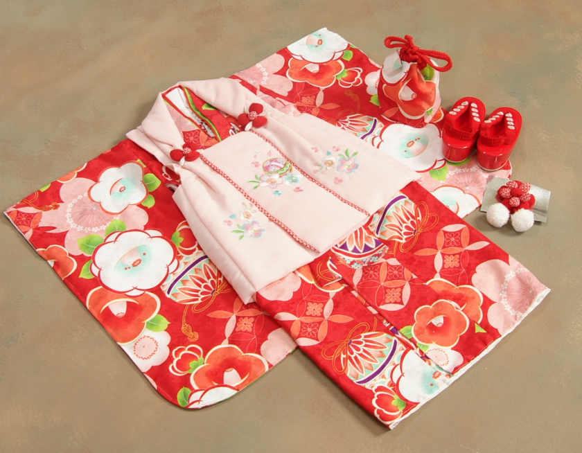 七五三 着物 3歳 女の子 被布セット 京都花ひめ 赤色 光琳雪椿 前竪衿