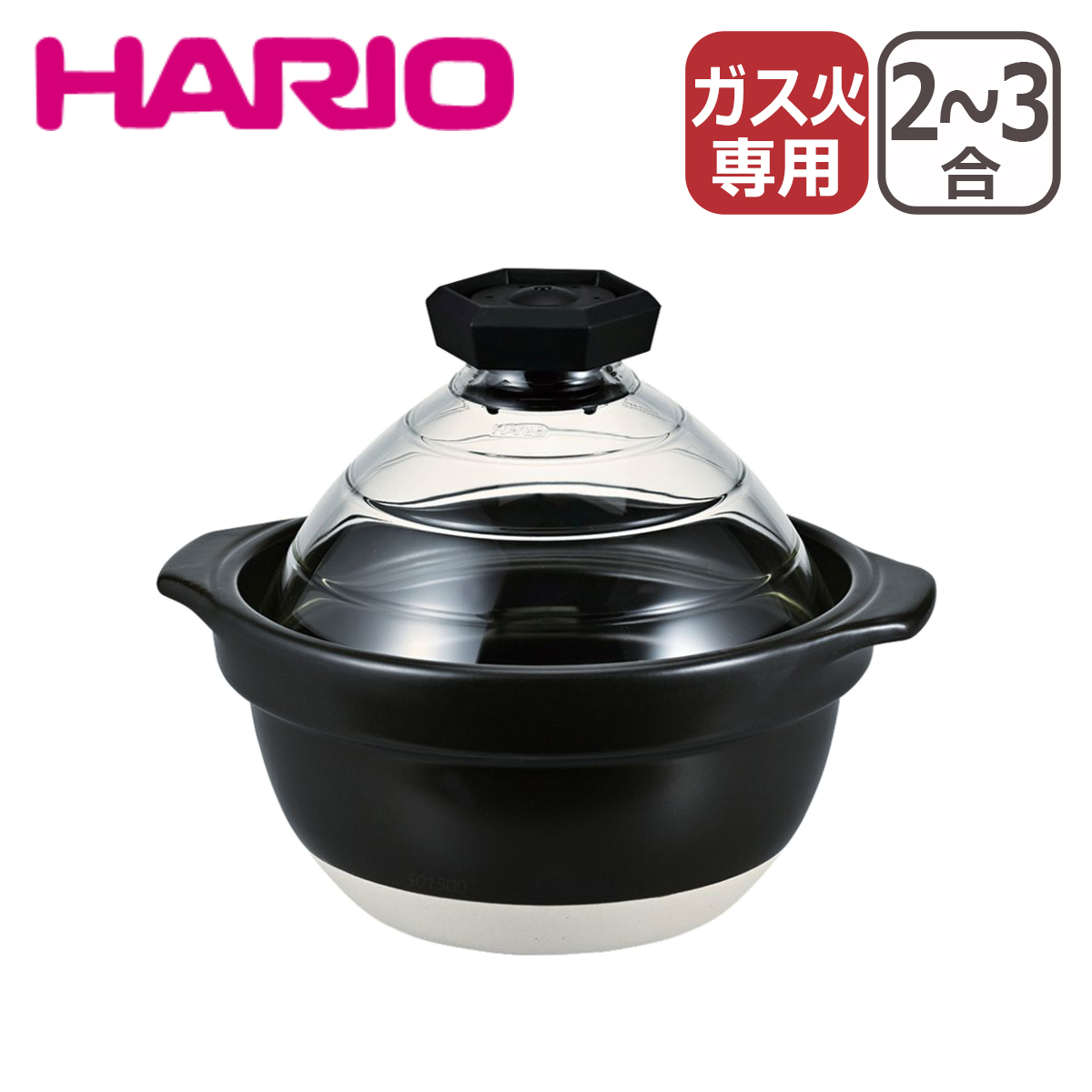 HARIO（ハリオ） フタがガラスのご飯釜2-3合 GNR-200-B-W 炊飯鍋 直火