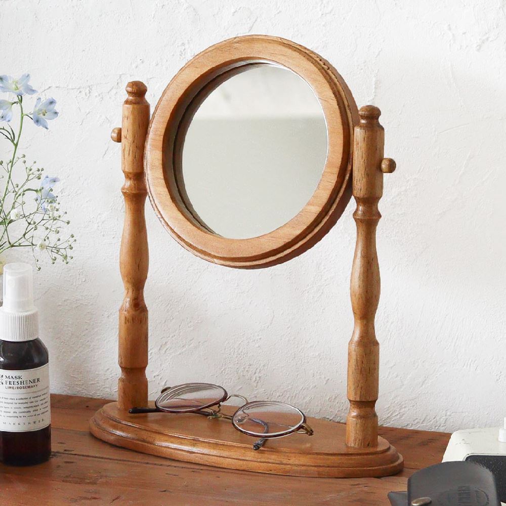 卓上ミラー 丸型 天然木 角度調整 スタンドミラー 鏡 化粧鏡 テーブル