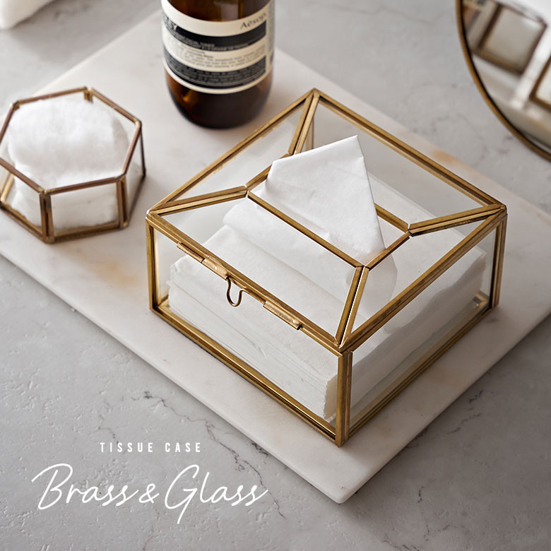 ELEMENTS ティッシュ ケース ボックス ハーフ サイズ ガラス 真鍮 ふた