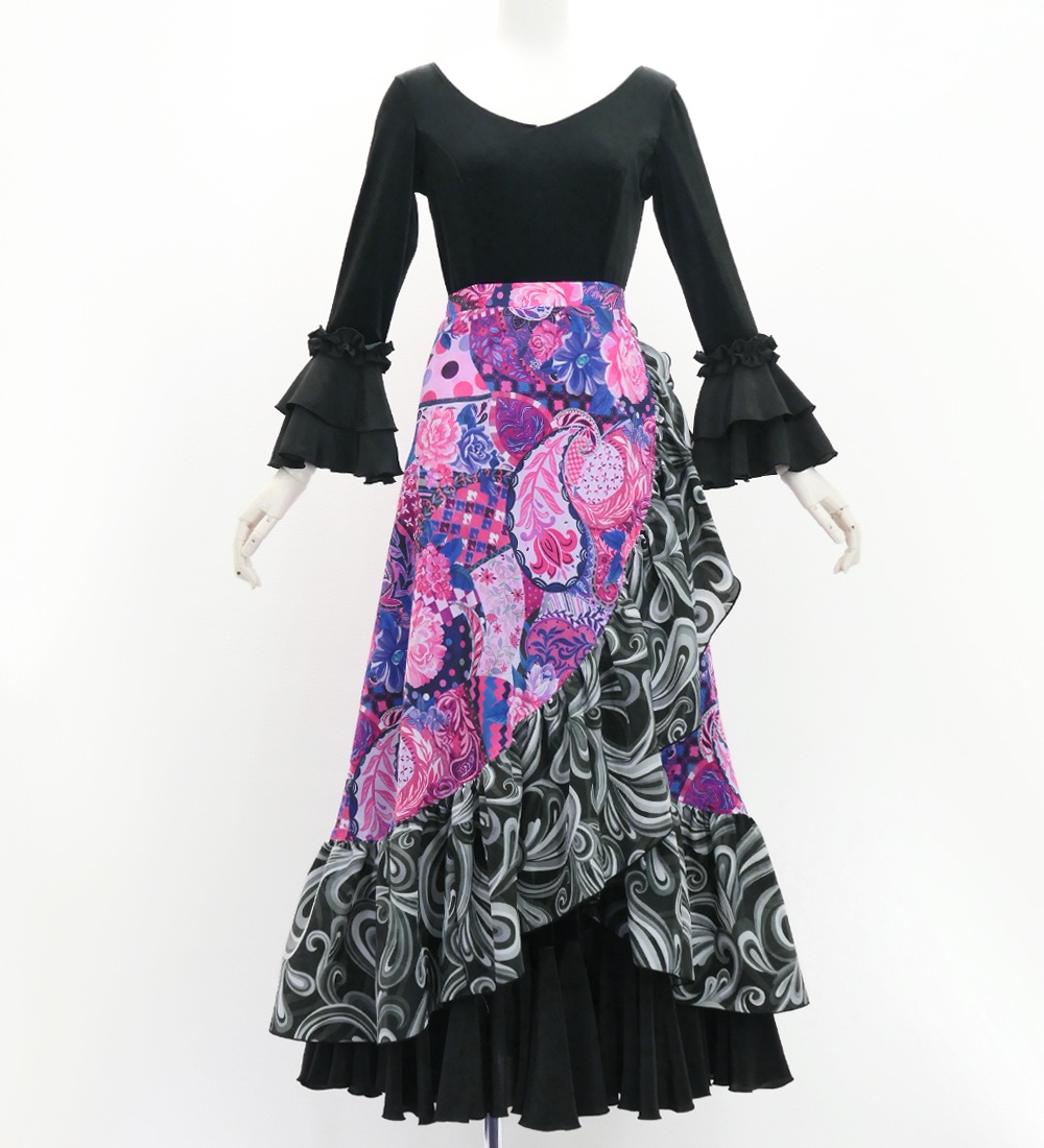 フラメンコ 巻きスカート パッチワーク柄×ペイズリー ネイビー×ピンク