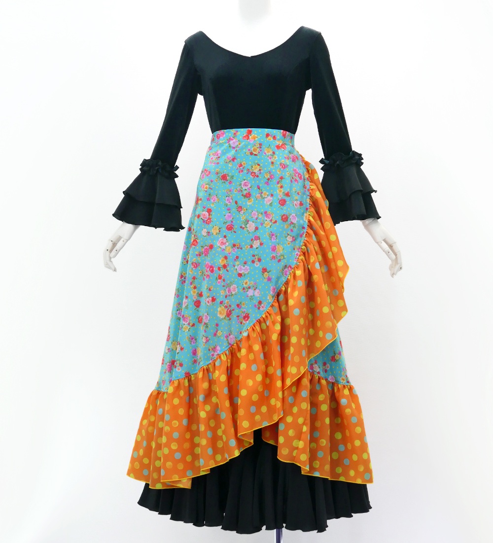 フラメンコ 巻きスカート ローズ×水玉 ライトブルー×オレンジ FMS-15